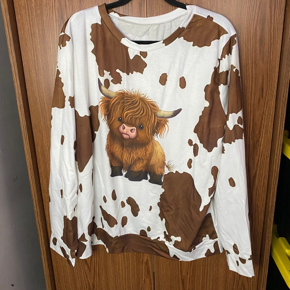 Highland Cow Sweatshirt Womens XXL Brown White Cow Print Graphic Top